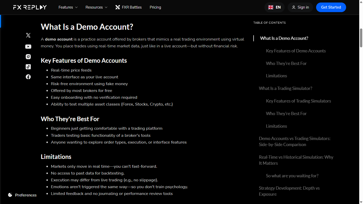 What a demo account is, on FX Replay's learn page