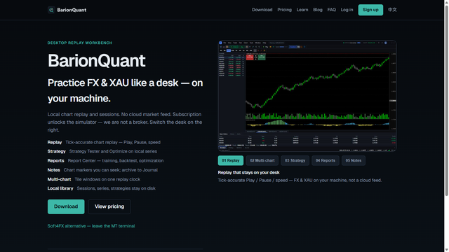 Homepage: Desktop Replay Workbench, not a broker