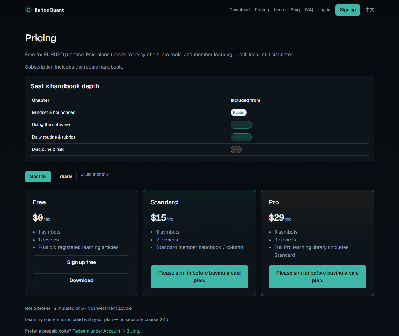 BarionQuant 定价:免费 $0、Standard $15/月、Pro $29/月